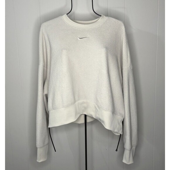 Nike Women's White Ivory Cropped Sherpa Fleece Oversized Sweatshirt Sz L Large - Picture 1 of 8